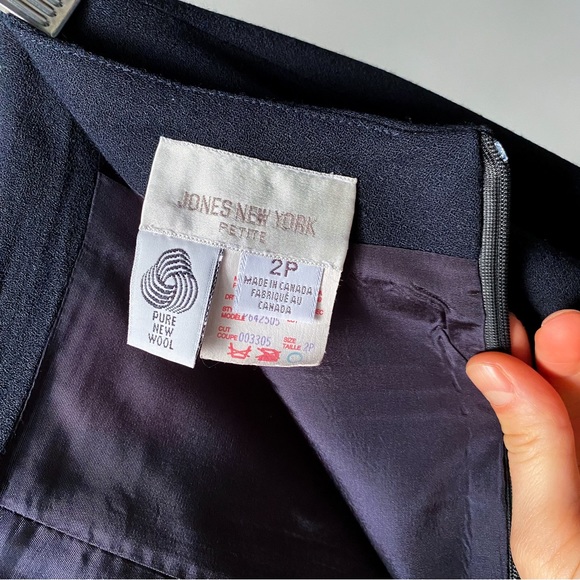 90s vintage navy blue high-waist minimalist wool midi skirt w deep front slit - Picture 4 of 7